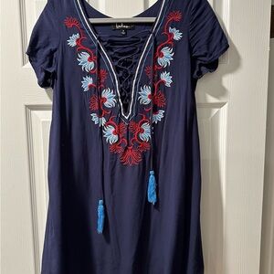 Lulu’s NAVY BLUE EMBROIDERED LACE-UP DRESS